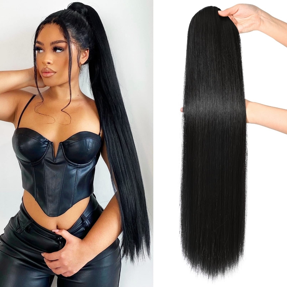 32” Long Straight Black Ponytail —‎ Drawstring Clip-In Extension Heat Resistant